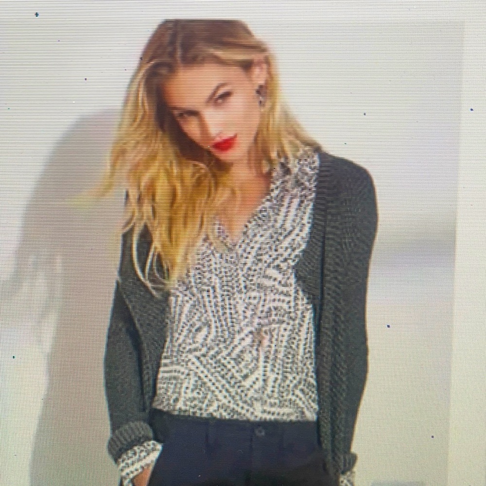 CAbi Split Back Black and White Print Blouse Size M